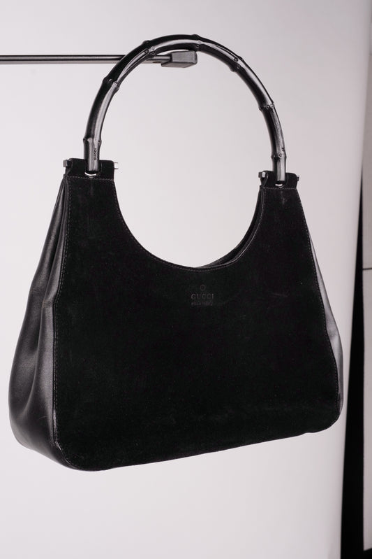 Rare 90s Gucci Suede Bamboo Handle Bag
